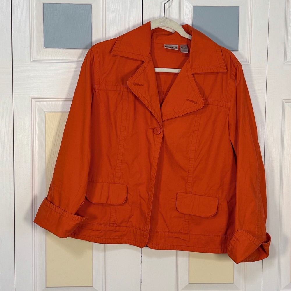 Chicos Orange 100% Cotton Button Front Utility Jacket Blazer Size 2 L Large